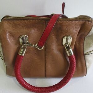 GORGEOUS COLE HAAN HANDBAG DUFLLE IN 100% LEATHER TRI-COLOR BROWN/BEIGE/RED USED